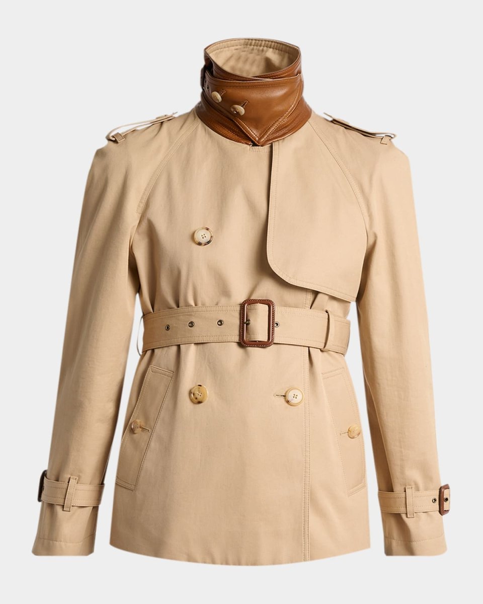 Leather-Collar Double-Breasted Short Trench Coat With Belt